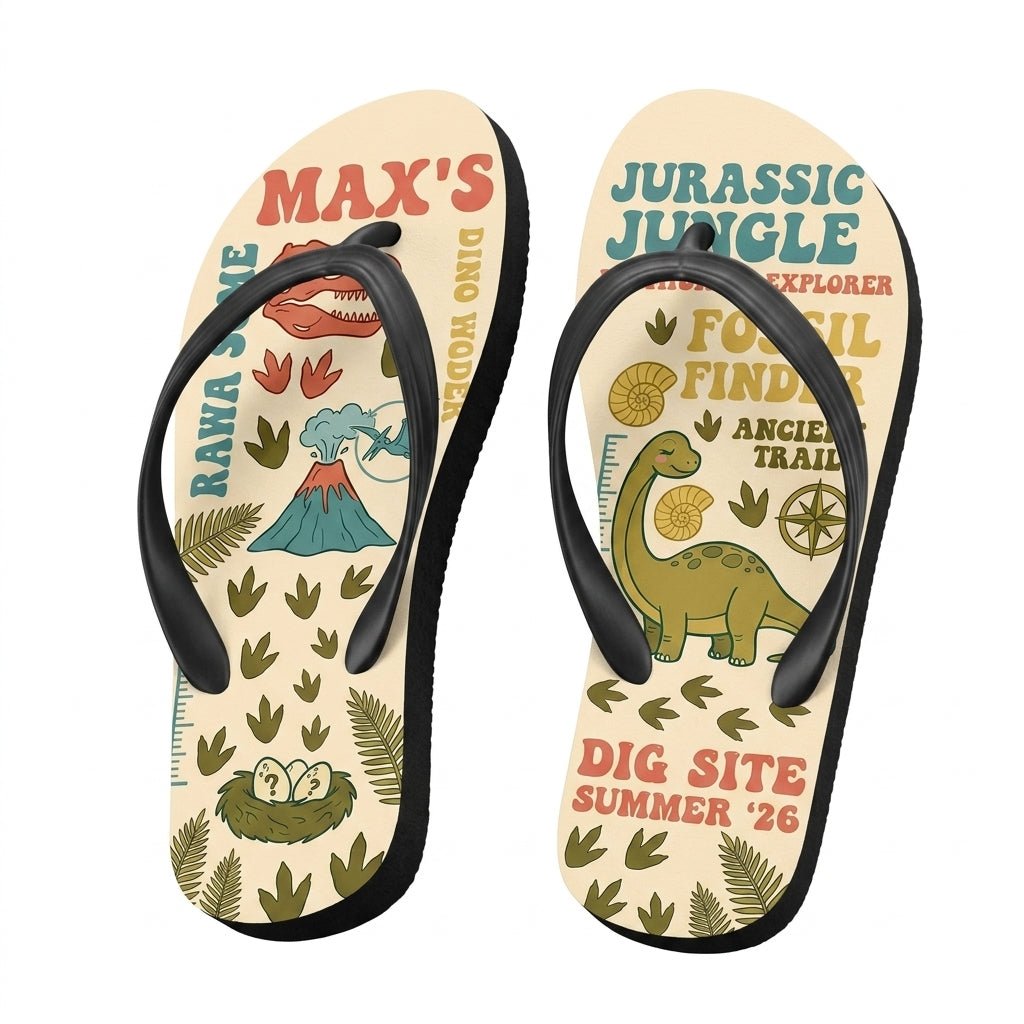 Personalized Dinosaur Lightweight Flip Flops - Custom Name "Max's Dig Site" - FlamingoAholic
