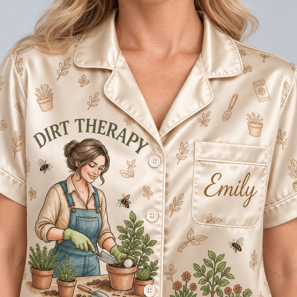 Personalized Dirt Therapy Satin Pajama Set for Women, Funny Gardener Gift - FlamingoAholic
