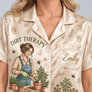 Personalized Dirt Therapy Satin Pajama Set for Women, Funny Gardener Gift - FlamingoAholic