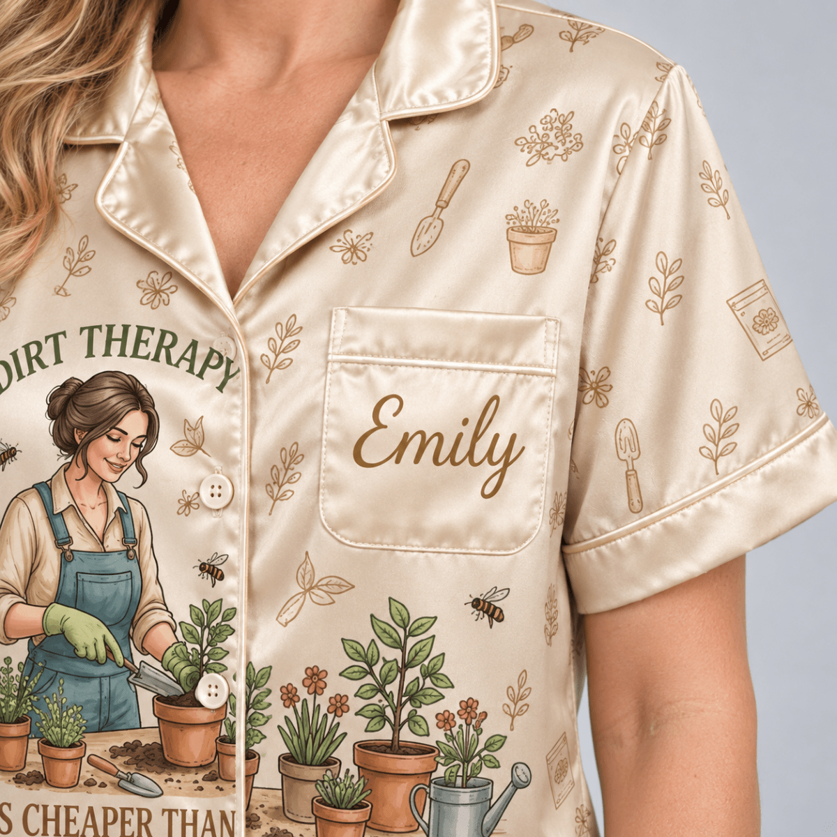 Personalized Dirt Therapy Satin Pajama Set for Women, Funny Gardener Gift - FlamingoAholic