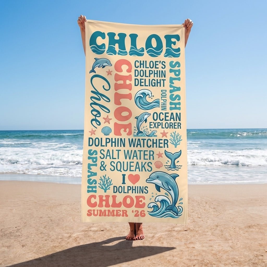 Personalized Dolphin Beach Towel - Custom Name "Ocean Explorer" Summer Gift - FlamingoAholic