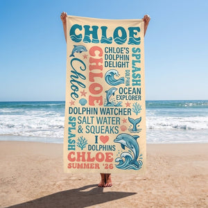 Personalized Dolphin Beach Towel - Custom Name "Ocean Explorer" Summer Gift - FlamingoAholic