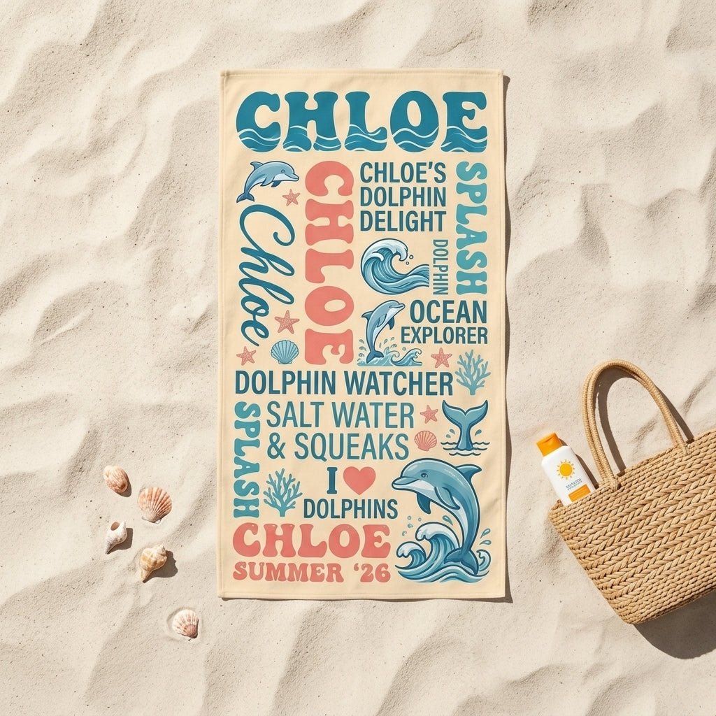 Personalized Dolphin Beach Towel - Custom Name "Ocean Explorer" Summer Gift - FlamingoAholic