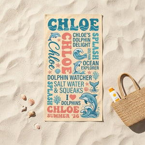Personalized Dolphin Beach Towel - Custom Name "Ocean Explorer" Summer Gift - FlamingoAholic