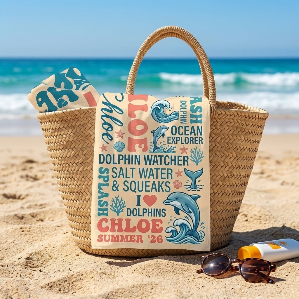 Personalized Dolphin Beach Towel - Custom Name "Ocean Explorer" Summer Gift - FlamingoAholic