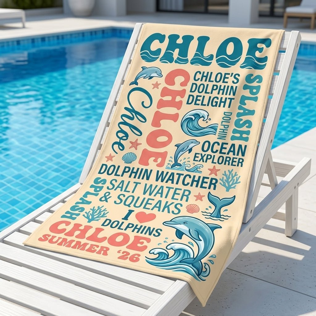 Personalized Dolphin Beach Towel - Custom Name "Ocean Explorer" Summer Gift - FlamingoAholic