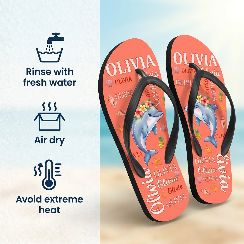 Personalized Dolphin Coral Flip Flops - Custom Name Beach Summer Sandals Gift - FlamingoAholic