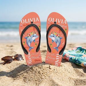 Personalized Dolphin Coral Flip Flops - Custom Name Beach Summer Sandals Gift - FlamingoAholic