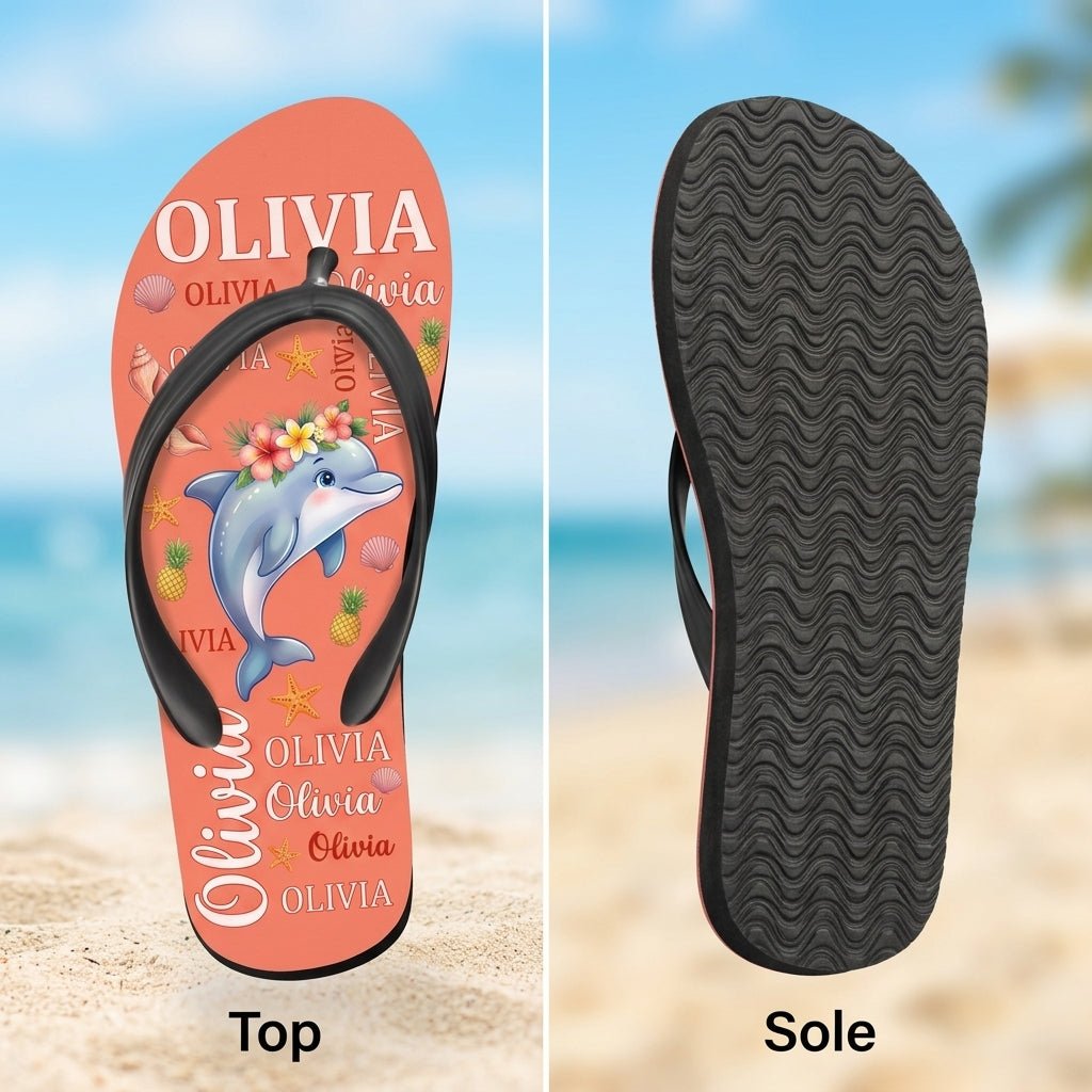 Personalized Dolphin Coral Flip Flops - Custom Name Beach Summer Sandals Gift - FlamingoAholic