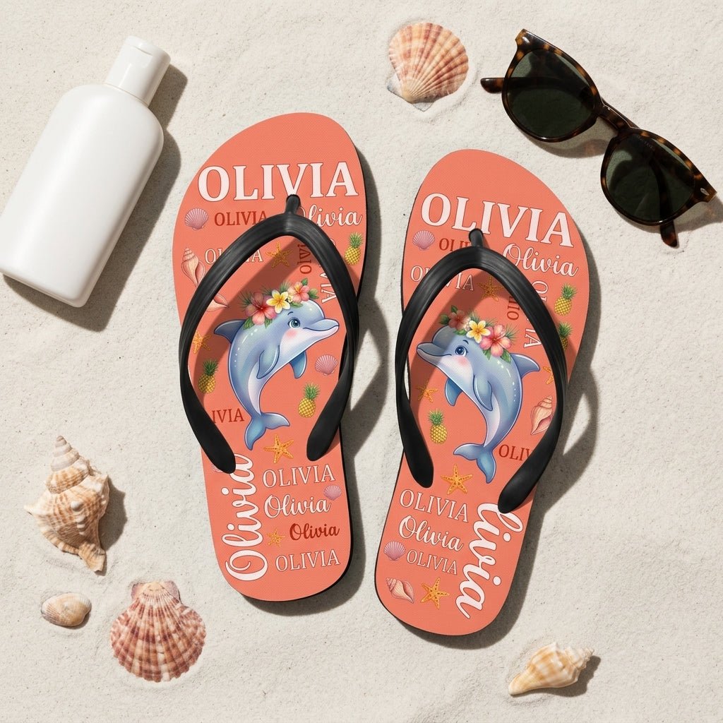 Personalized Dolphin Coral Flip Flops - Custom Name Beach Summer Sandals Gift - FlamingoAholic