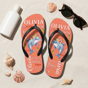 Personalized Dolphin Coral Flip Flops - Custom Name Beach Summer Sandals Gift - FlamingoAholic