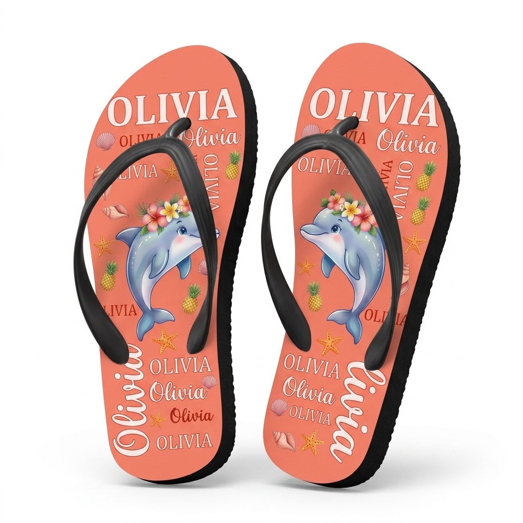Personalized Dolphin Coral Flip Flops - Custom Name Beach Summer Sandals Gift - FlamingoAholic