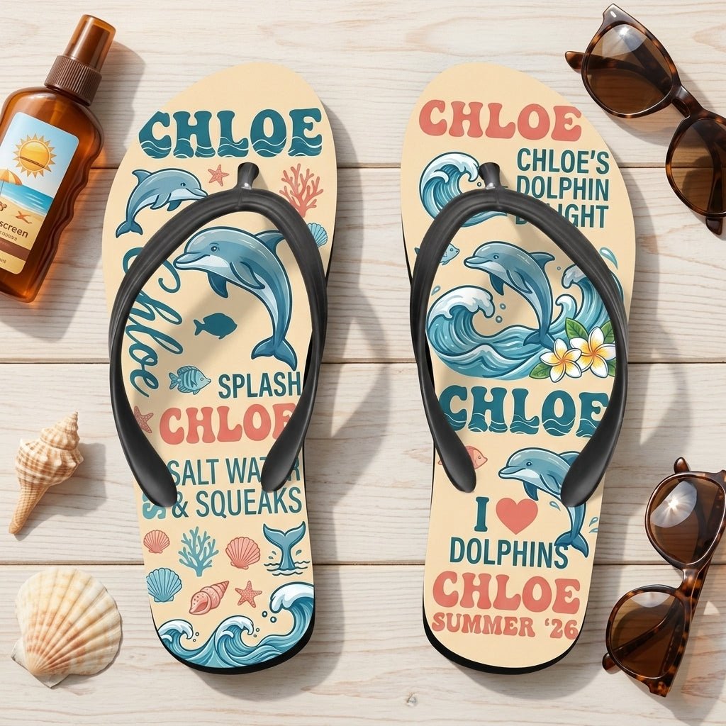 Personalized Dolphin Lightweight Flip Flops - Custom Name "Chloe" - FlamingoAholic