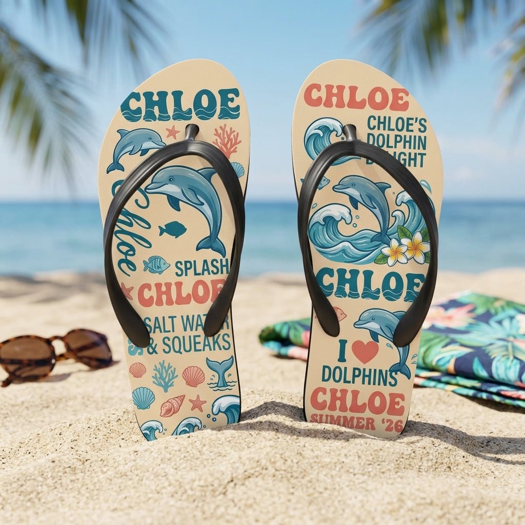 Personalized Dolphin Lightweight Flip Flops - Custom Name "Chloe" - FlamingoAholic