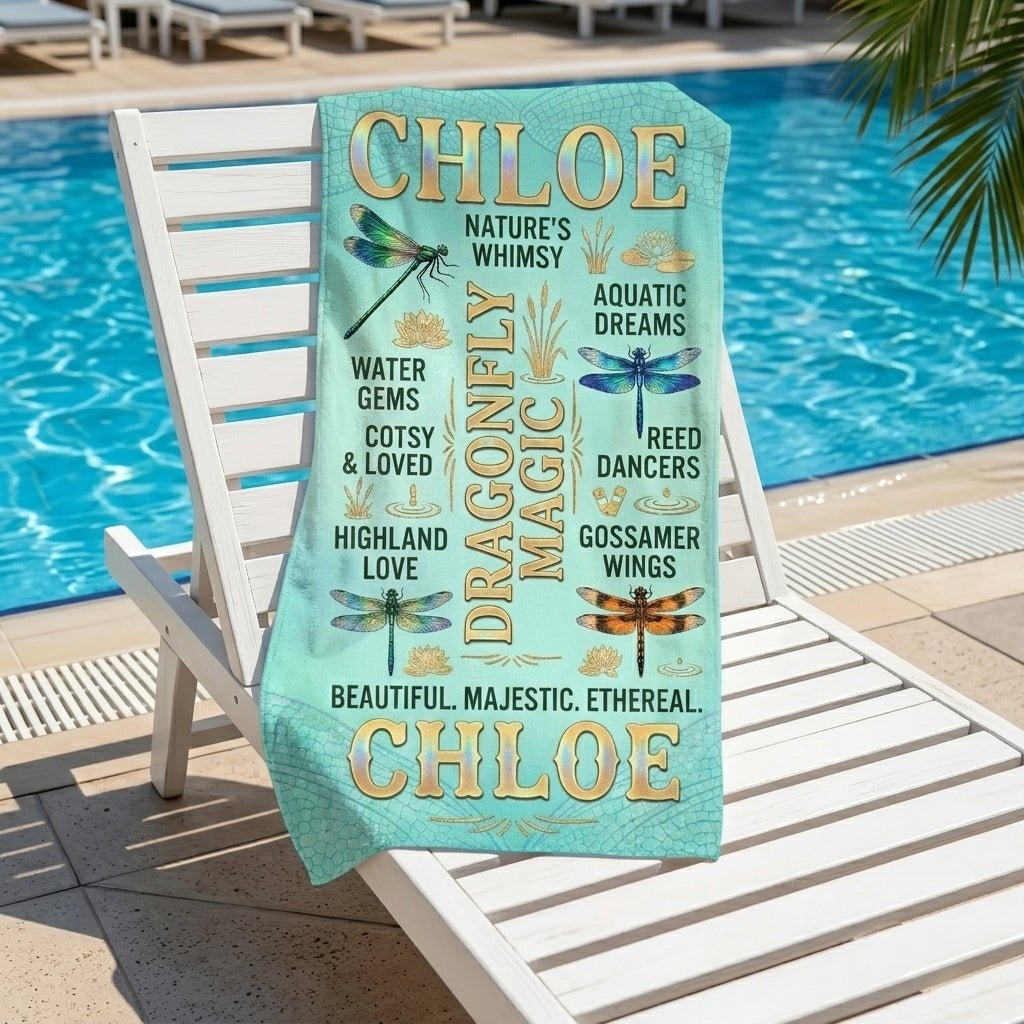 Personalized Dragonfly Beach Towel - Custom Name "Dragonfly Magic" Gift - FlamingoAholic