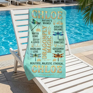 Personalized Dragonfly Beach Towel - Custom Name "Dragonfly Magic" Gift - FlamingoAholic