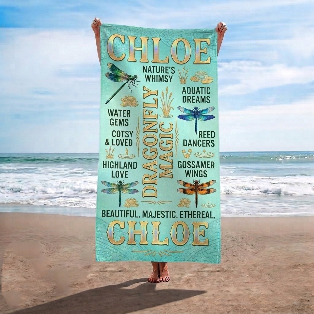 Personalized Dragonfly Beach Towel - Custom Name "Dragonfly Magic" Gift - FlamingoAholic
