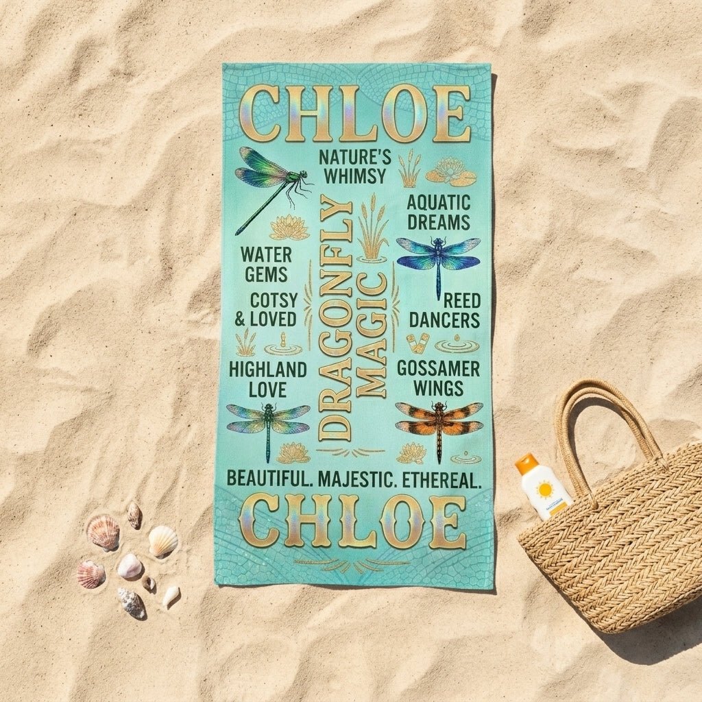 Personalized Dragonfly Beach Towel - Custom Name "Dragonfly Magic" Gift - FlamingoAholic