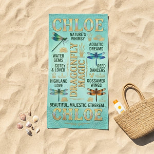 Personalized Dragonfly Beach Towel - Custom Name "Dragonfly Magic" Gift - FlamingoAholic