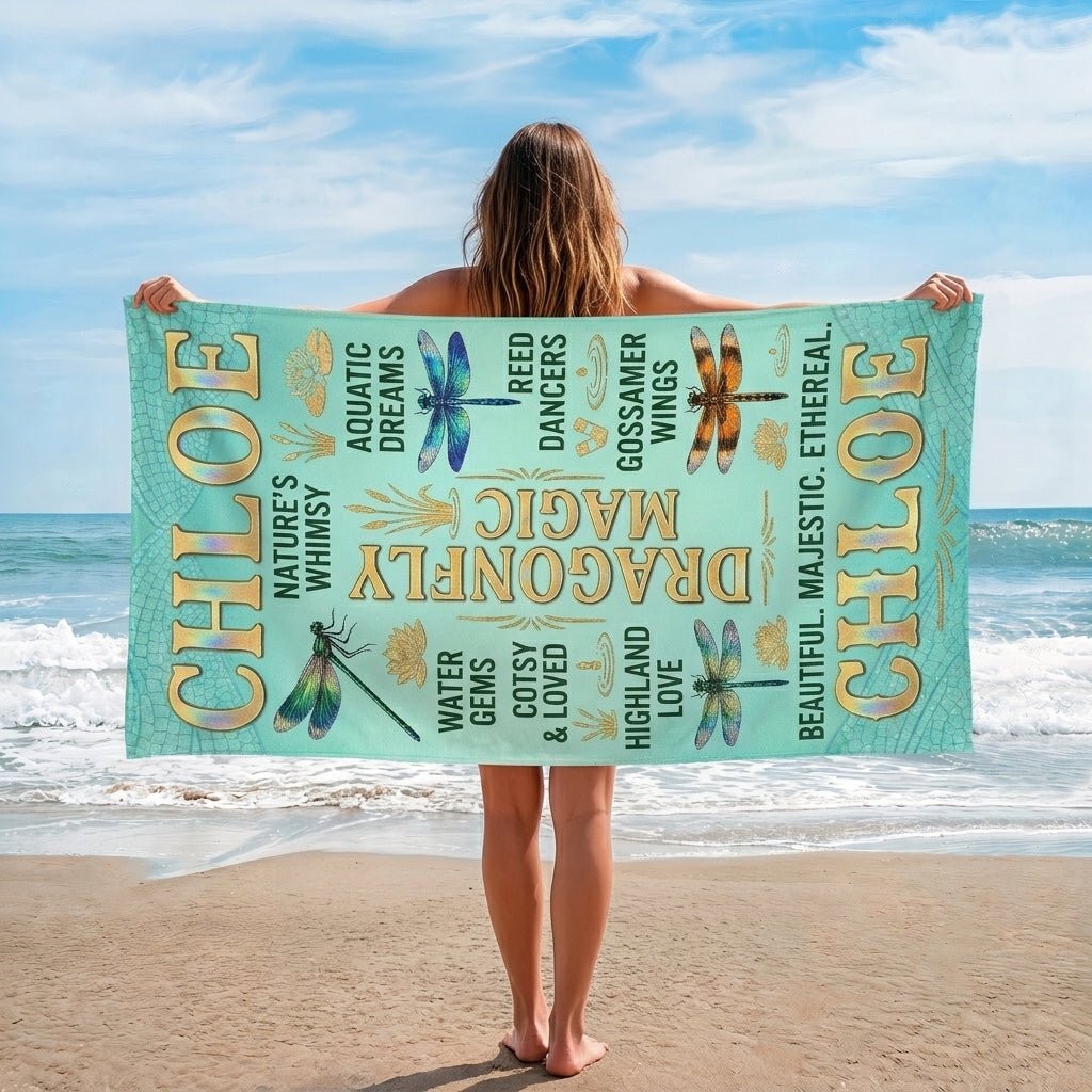 Personalized Dragonfly Beach Towel - Custom Name "Dragonfly Magic" Gift - FlamingoAholic