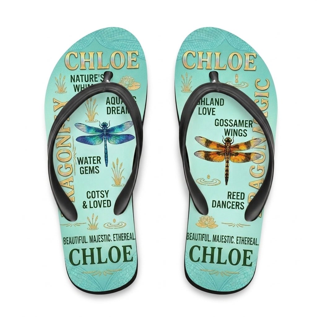 Personalized Dragonfly Lightweight Flip Flops - Custom Name "Chloe" - FlamingoAholic