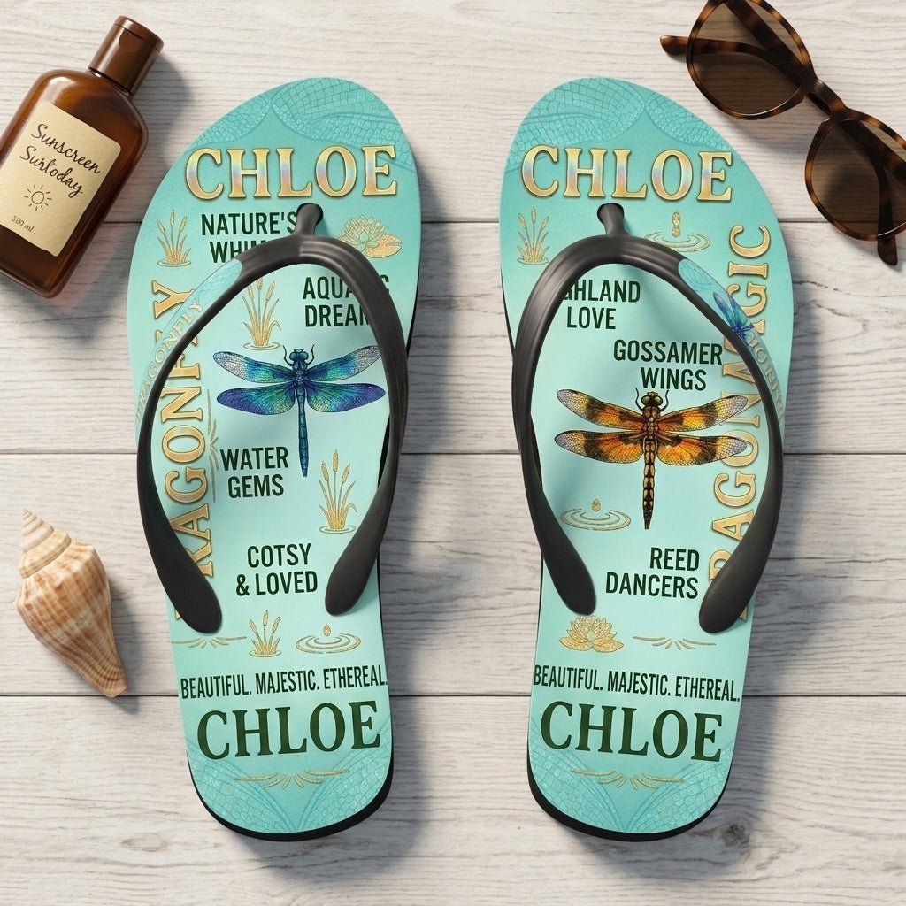 Personalized Dragonfly Lightweight Flip Flops - Custom Name "Chloe" - FlamingoAholic