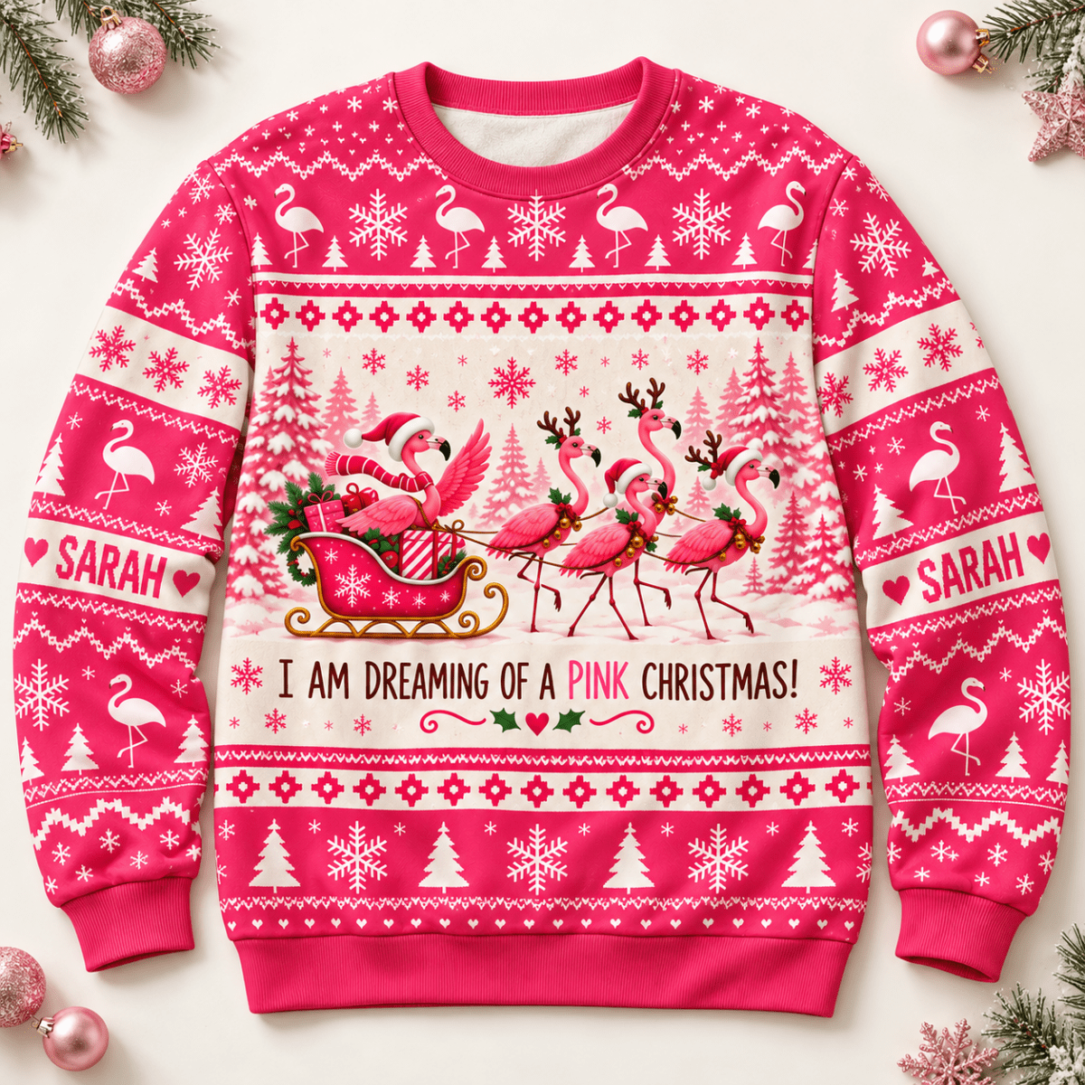 Personalized Dreaming of a Pink Christmas Flamingo Sweater & Hoodie - FlamingoAholic
