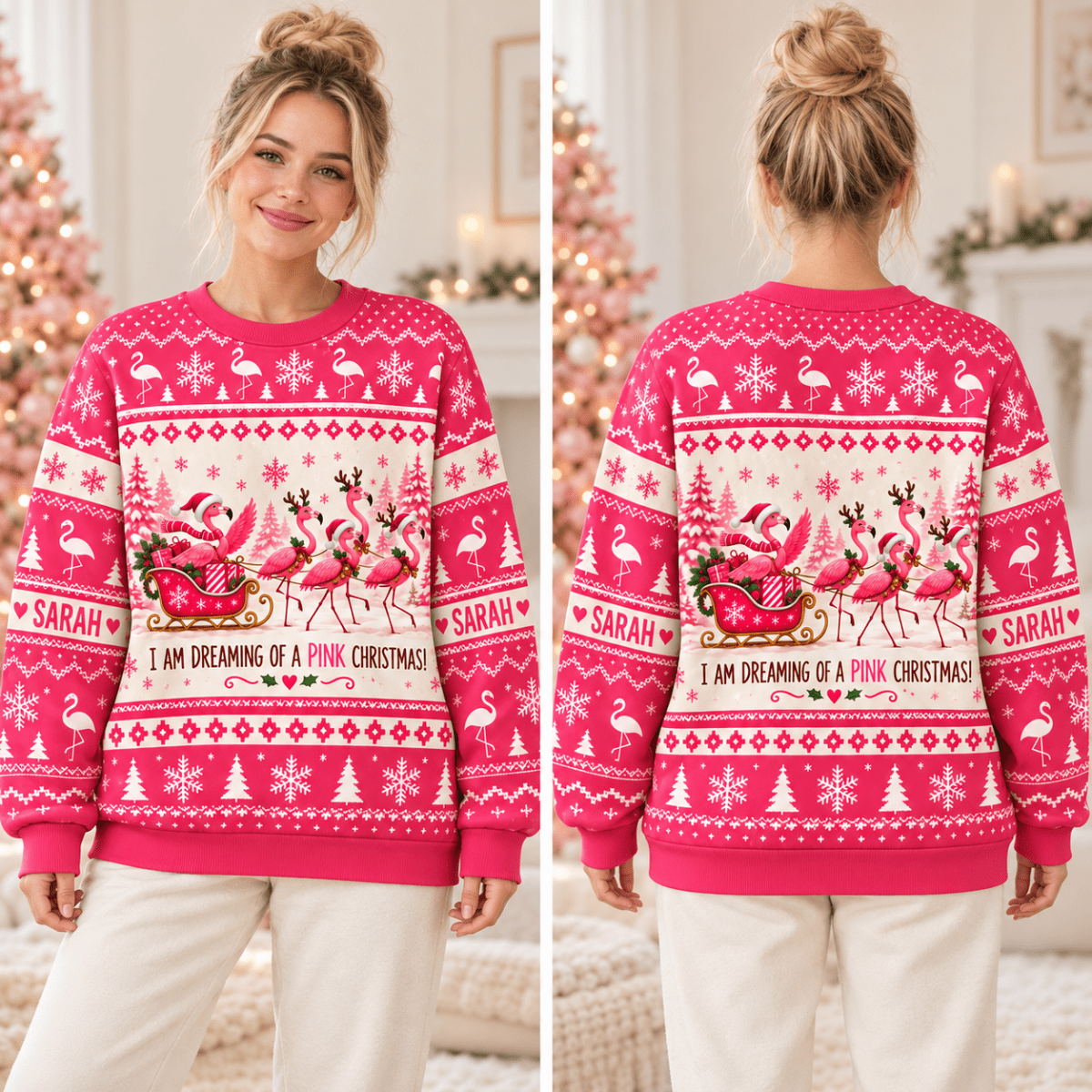 Personalized Dreaming of a Pink Christmas Flamingo Sweater & Hoodie - FlamingoAholic