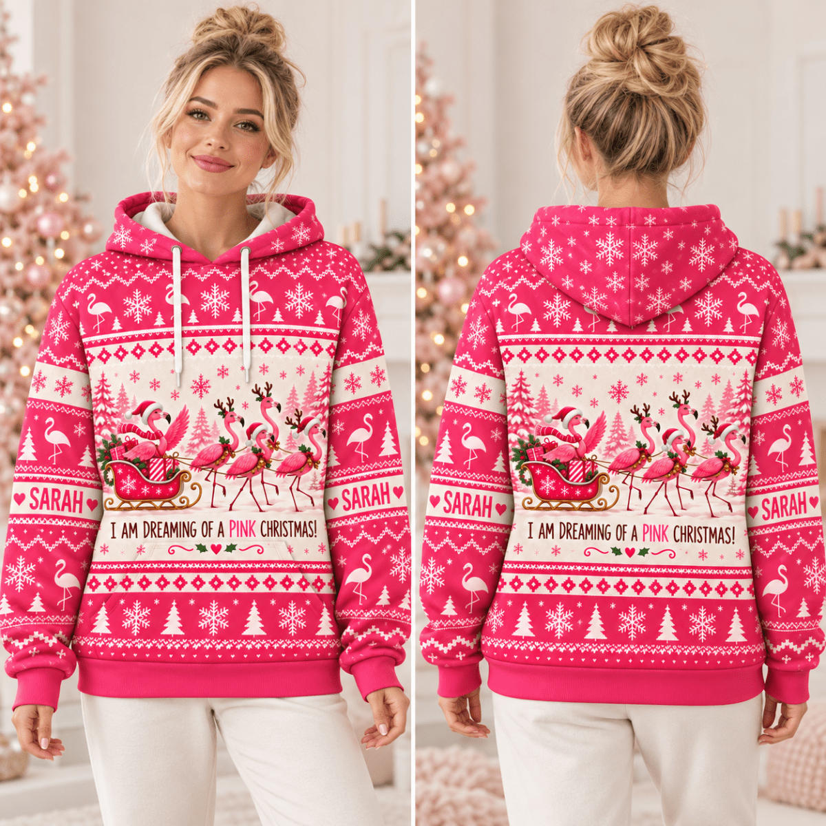 Personalized Dreaming of a Pink Christmas Flamingo Sweater & Hoodie - FlamingoAholic