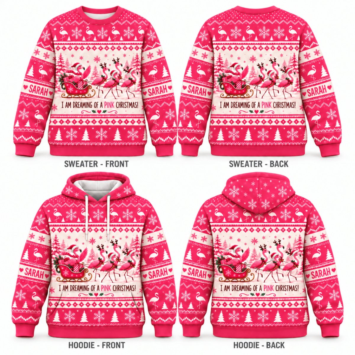 Personalized Dreaming of a Pink Christmas Flamingo Sweater & Hoodie - FlamingoAholic