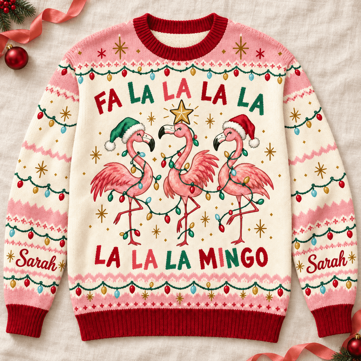 Personalized Fa La La Mingo Flamingo Christmas Knitted Sweater & Cardigan - FlamingoAholic