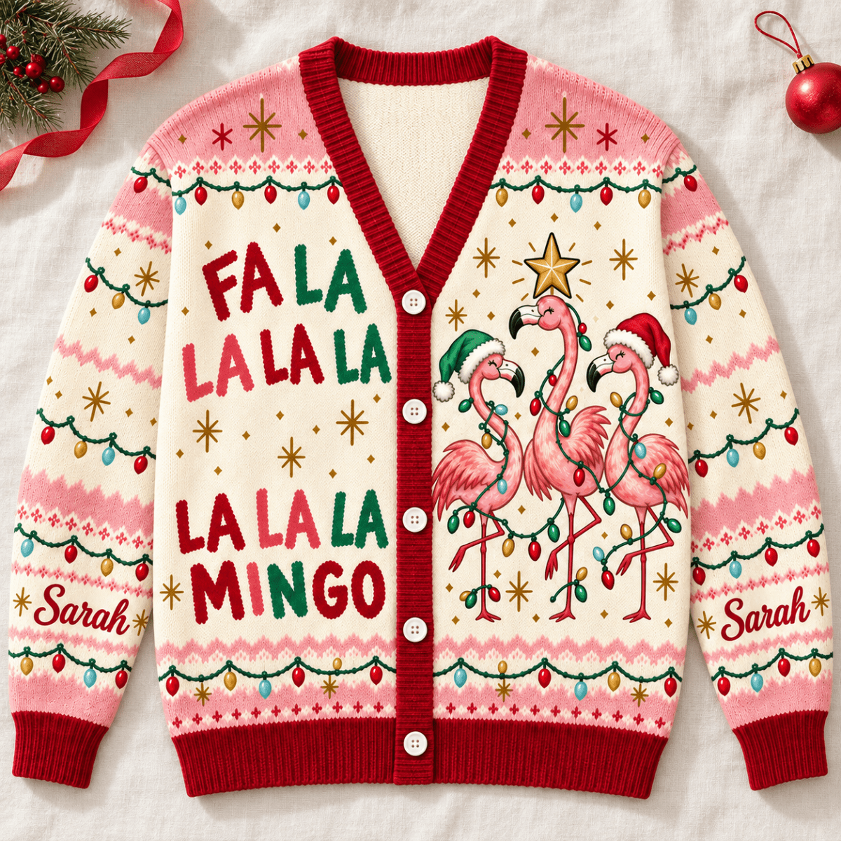 Personalized Fa La La Mingo Flamingo Christmas Knitted Sweater & Cardigan - FlamingoAholic