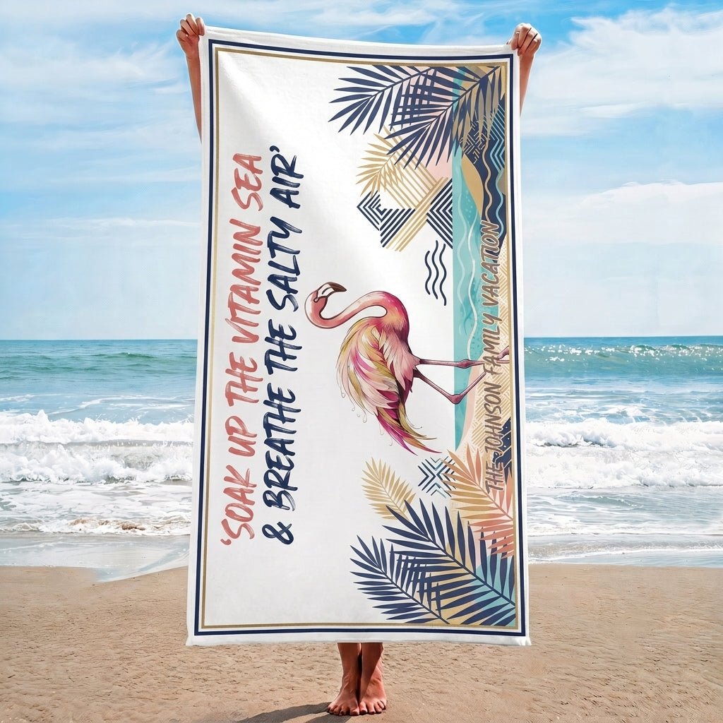 Personalized "Family Vacation" Flamingo Beach Towel - Custom Text Coastal Summer Gift - FlamingoAholic