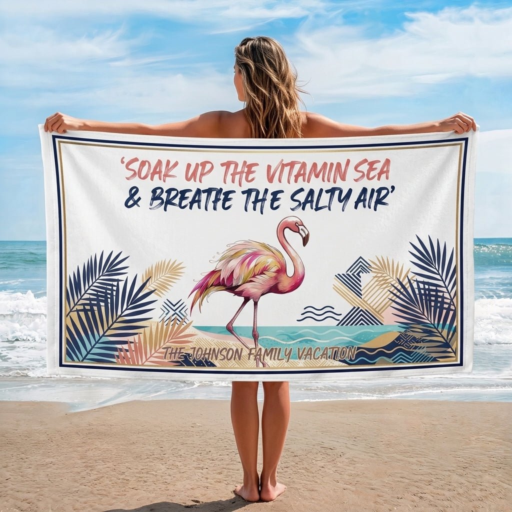 Personalized "Family Vacation" Flamingo Beach Towel - Custom Text Coastal Summer Gift - FlamingoAholic