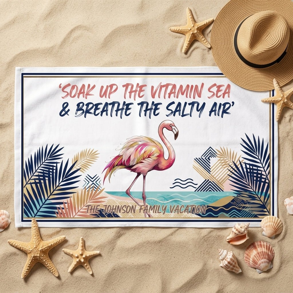 Personalized "Family Vacation" Flamingo Beach Towel - Custom Text Coastal Summer Gift - FlamingoAholic