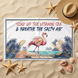 Personalized "Family Vacation" Flamingo Beach Towel - Custom Text Coastal Summer Gift - FlamingoAholic