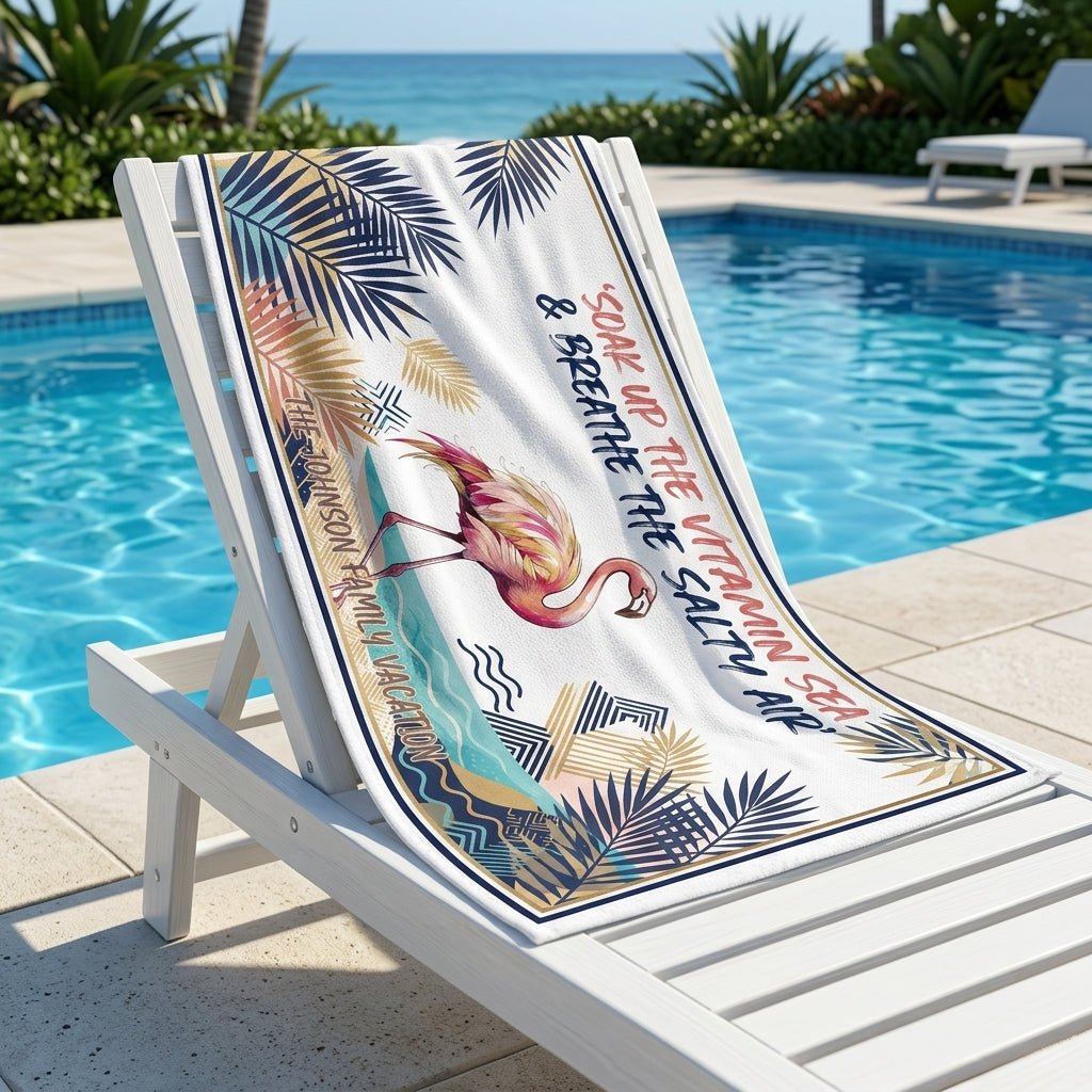 Personalized "Family Vacation" Flamingo Beach Towel - Custom Text Coastal Summer Gift - FlamingoAholic