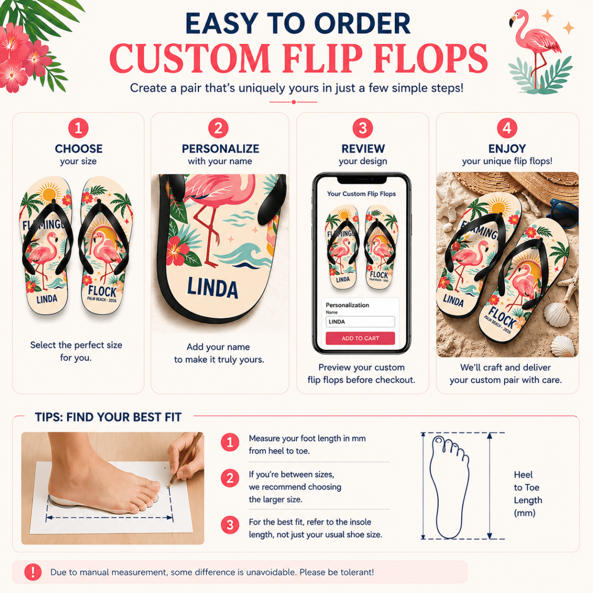 Personalized Flamingo Beach Flip Flops for Women | Custom Tropical Summer Sandals | Palm Beach Vacation Gift - FlamingoAholic