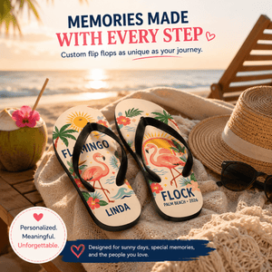 Personalized Flamingo Beach Flip Flops for Women | Custom Tropical Summer Sandals | Palm Beach Vacation Gift - FlamingoAholic