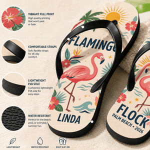 Personalized Flamingo Beach Flip Flops for Women | Custom Tropical Summer Sandals | Palm Beach Vacation Gift - FlamingoAholic