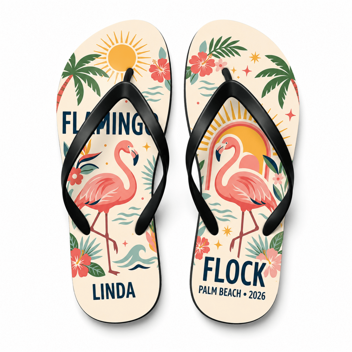 Personalized Flamingo Beach Flip Flops for Women | Custom Tropical Summer Sandals | Palm Beach Vacation Gift - FlamingoAholic