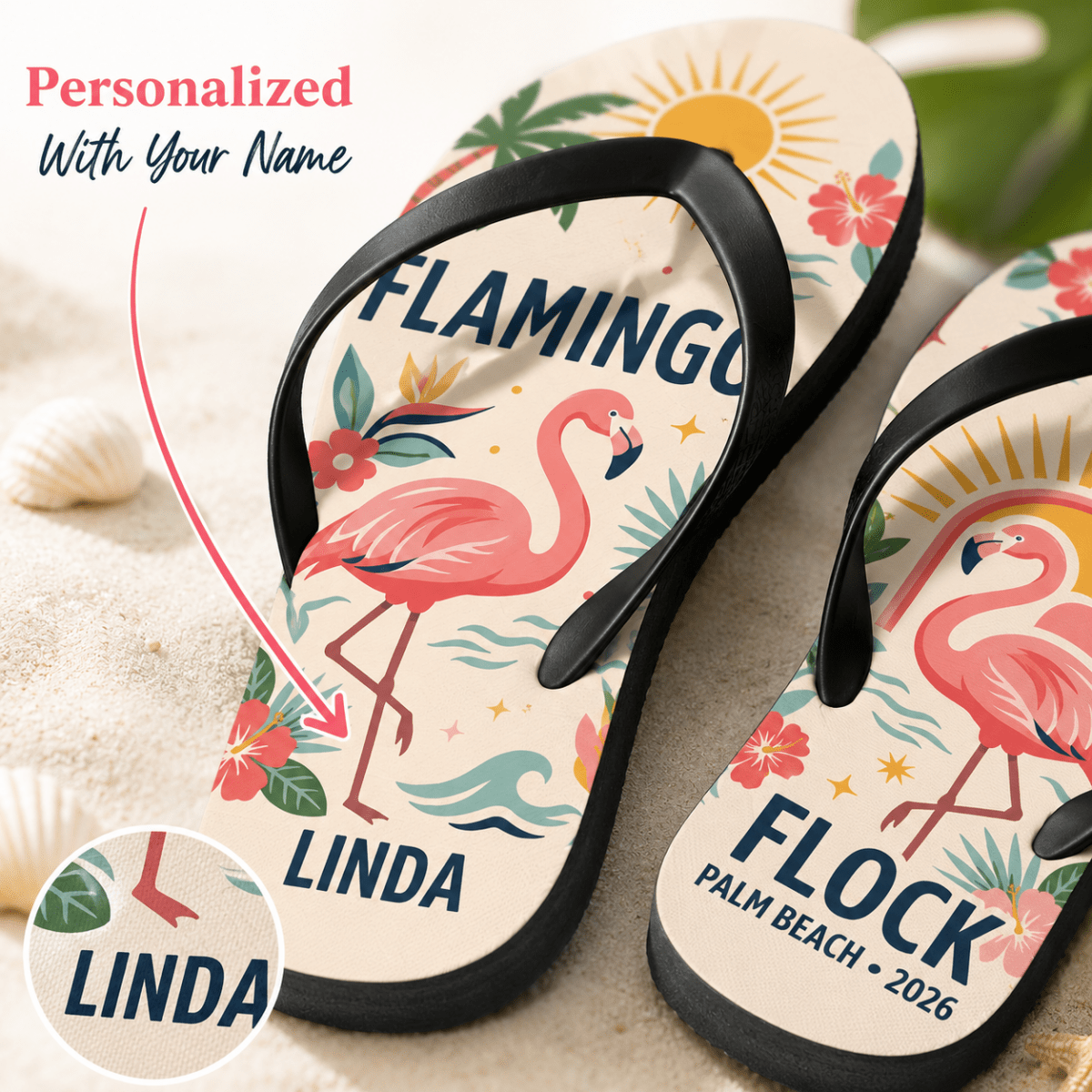 Personalized Flamingo Beach Flip Flops for Women | Custom Tropical Summer Sandals | Palm Beach Vacation Gift - FlamingoAholic