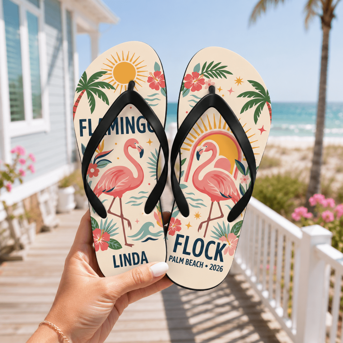 Personalized Flamingo Beach Flip Flops for Women | Custom Tropical Summer Sandals | Palm Beach Vacation Gift - FlamingoAholic