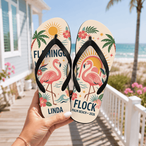 Personalized Flamingo Beach Flip Flops for Women | Custom Tropical Summer Sandals | Palm Beach Vacation Gift - FlamingoAholic