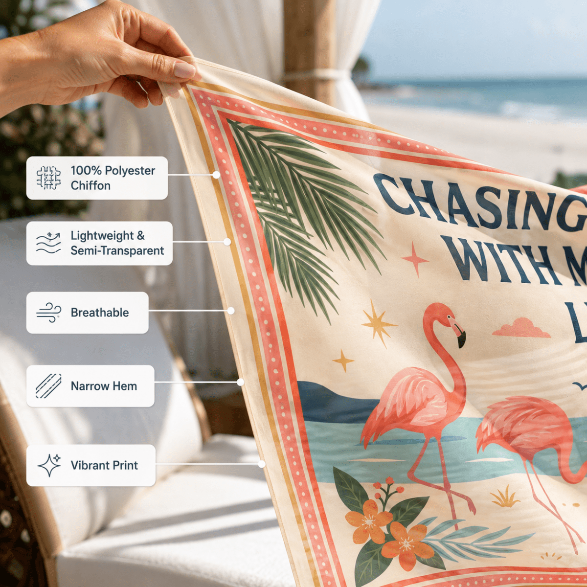 Personalized Flamingo Beach Sarong | Custom Chiffon Cover Up Wrap for Women Vacation Gift - FlamingoAholic