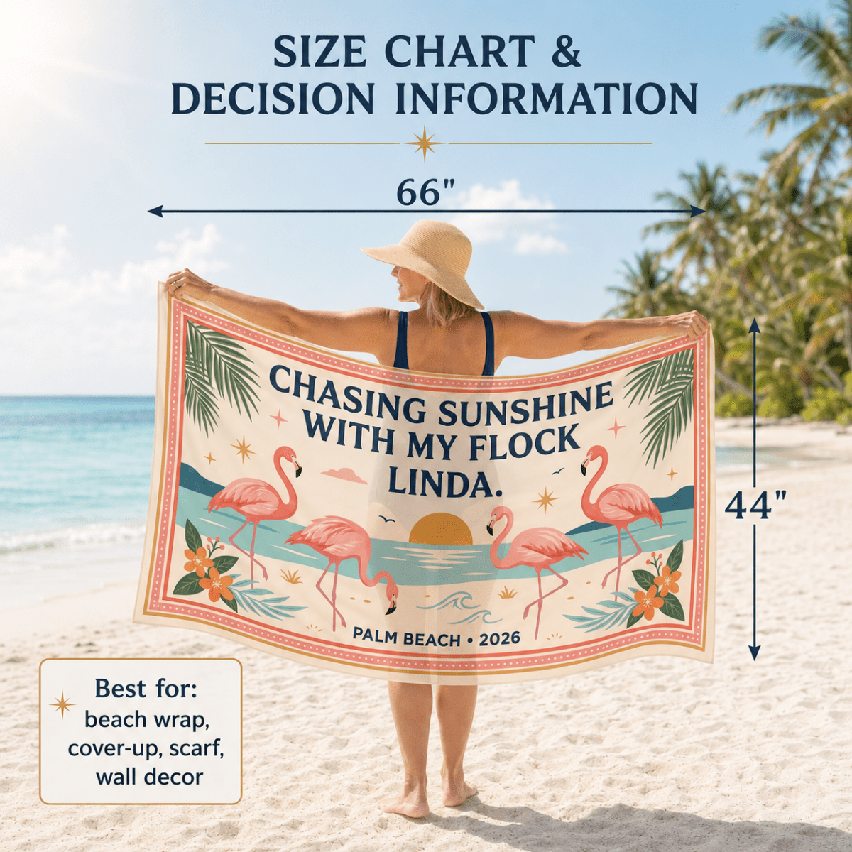 Personalized Flamingo Beach Sarong | Custom Chiffon Cover Up Wrap for Women Vacation Gift - FlamingoAholic