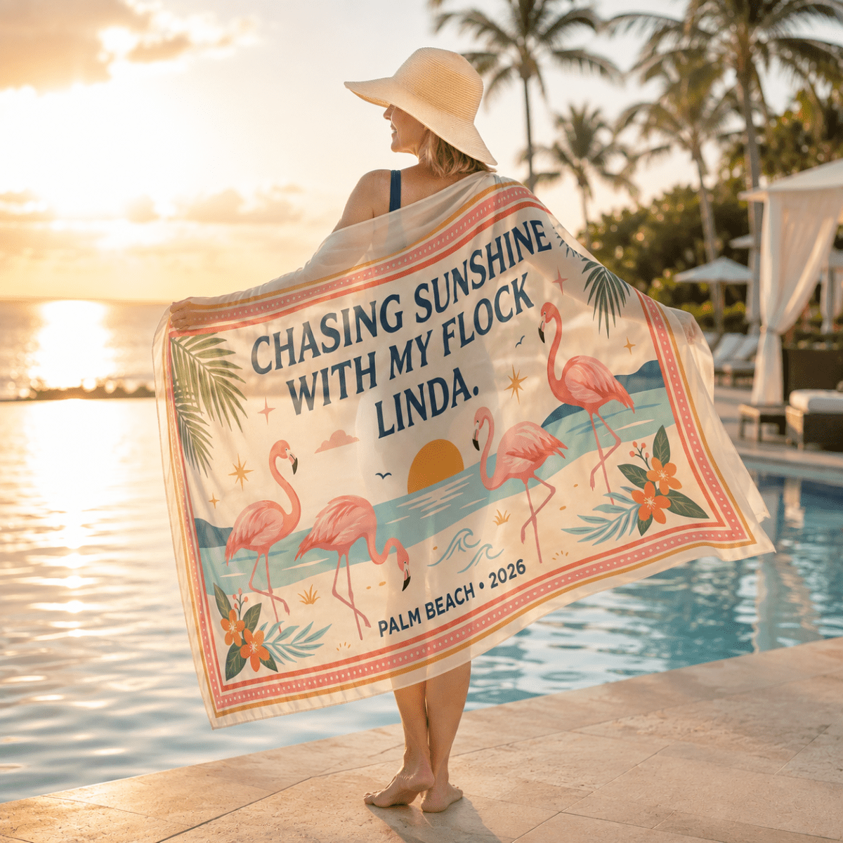 Personalized Flamingo Beach Sarong | Custom Chiffon Cover Up Wrap for Women Vacation Gift - FlamingoAholic