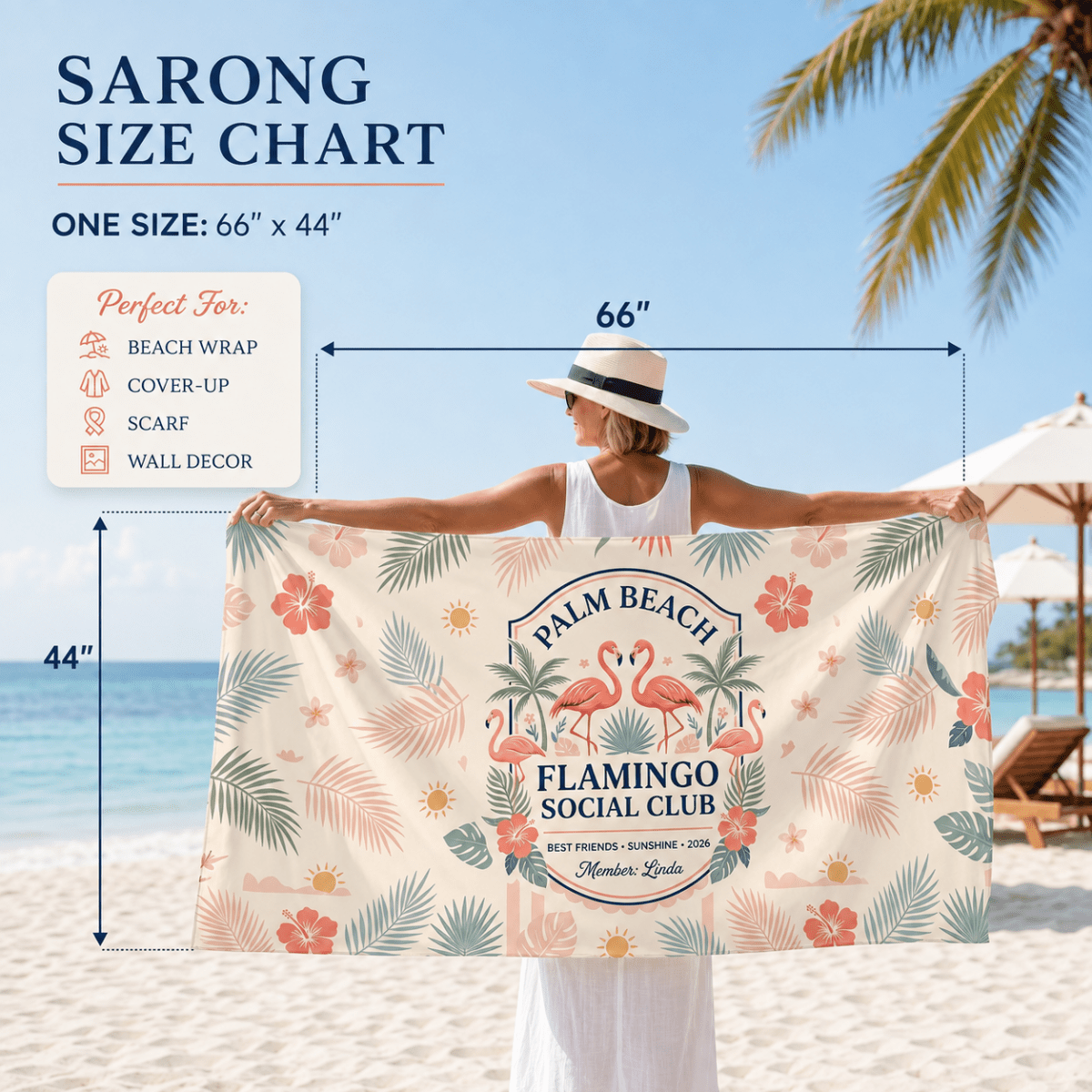 Personalized Flamingo Beach Sarong | Custom Chiffon Cover Up Wrap | Tropical Vacation Gift - FlamingoAholic