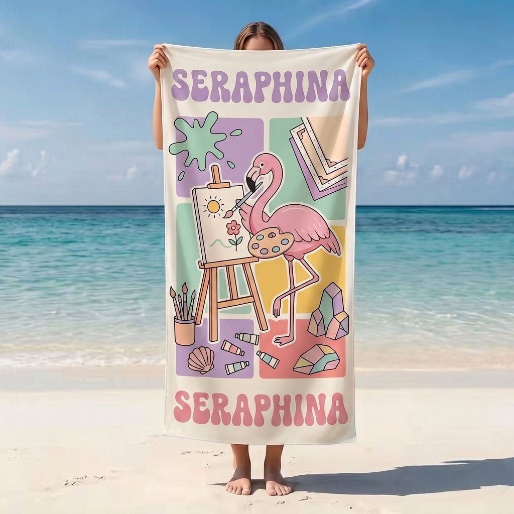 Personalized Flamingo Beach Towel - Creative Artist Flamingo Custom Name Summer Vacation Gift - FlamingoAholic