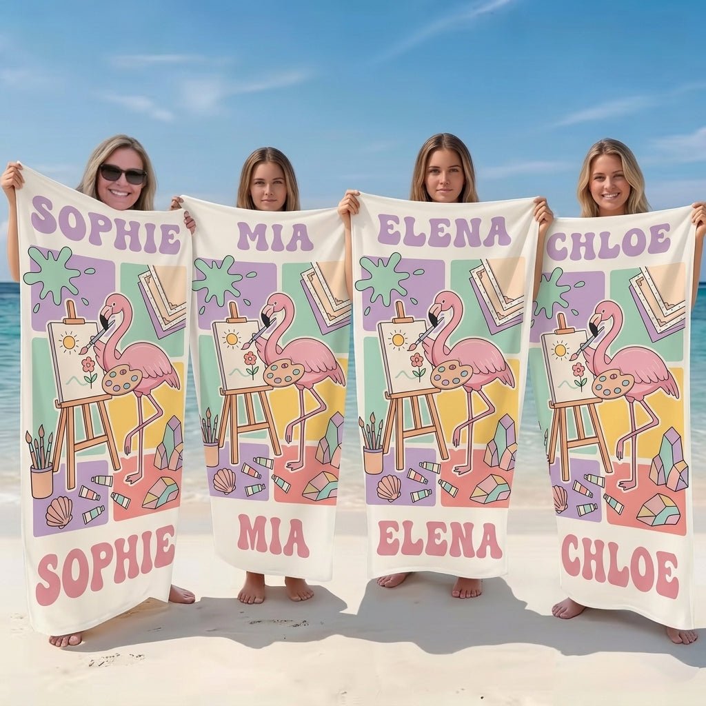 Personalized Flamingo Beach Towel - Creative Artist Flamingo Custom Name Summer Vacation Gift - FlamingoAholic
